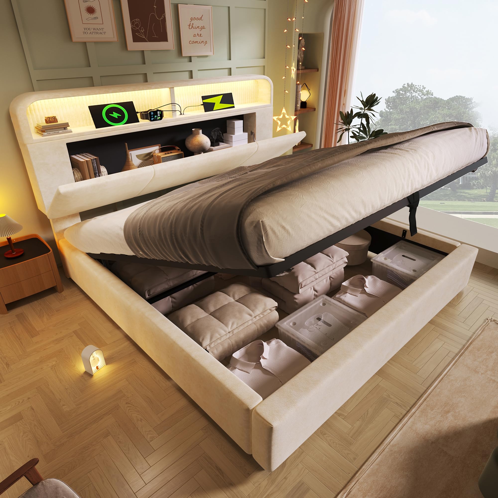 LAKFEW Cama 140x190 cm Camas Matrimoniales con USB y LED, Cama Juvenil Cama Tapizada con Almacenaje Hidráulico y Cabecero Ajustable con Almacenaje, Listones de Madera, Terciopelo, Beige, Sin Colchon