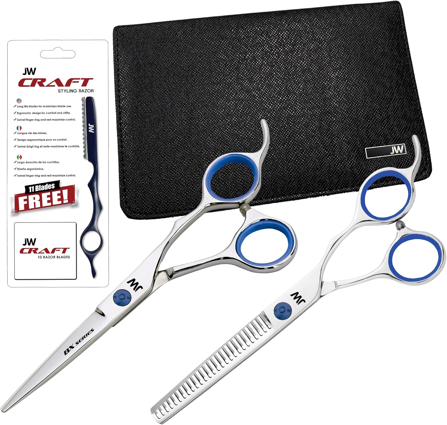 JW Shears Professional Hairdressing Shear, Thinner, Razor and Case Set (6.0" Black)