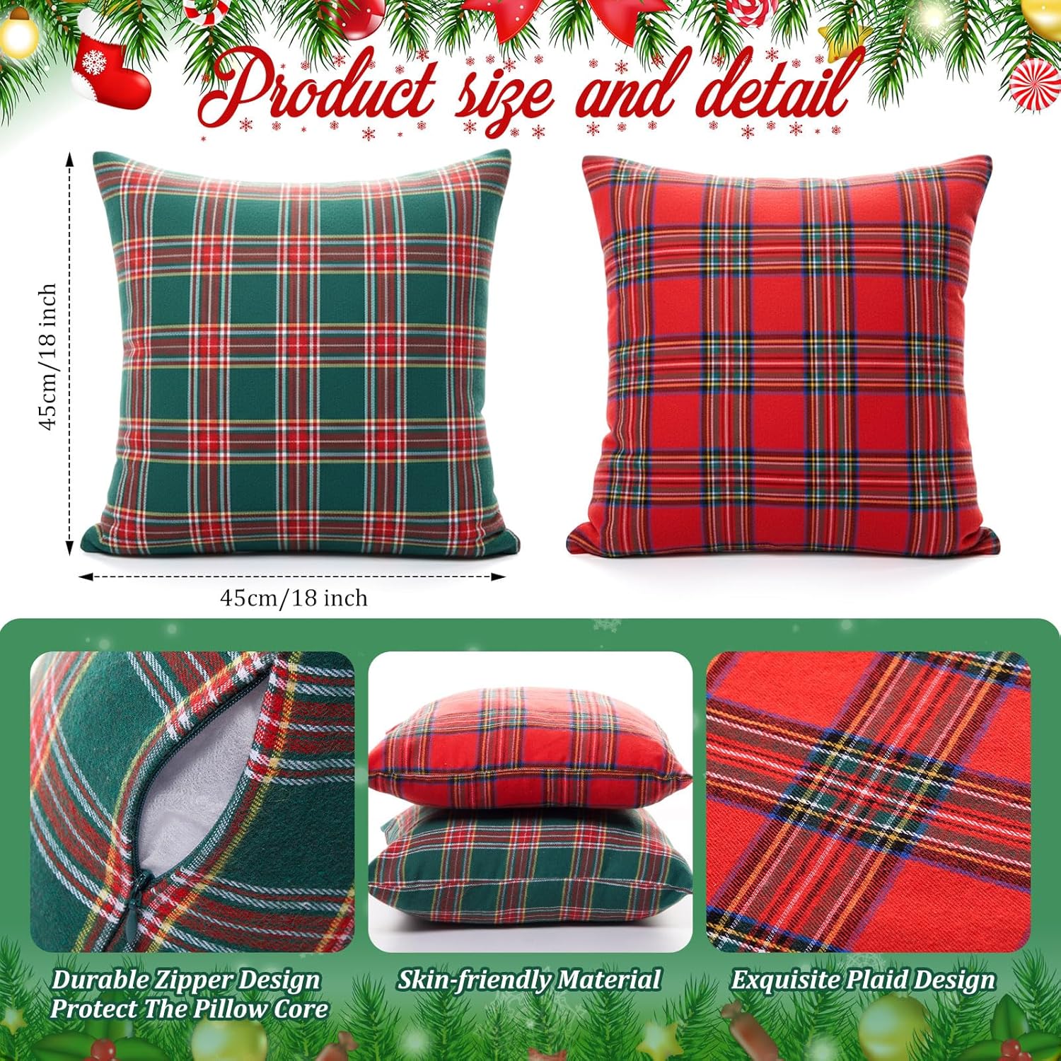 SmoothNovelty Red,Green Set of 4 Christmas Tartan Pillow Covers 18x18 Inch Christmas Buffalo Plaid Throw Pillows Farmhouse Decorative Square Tartan Checkered Cushion Case for Couch Sofa