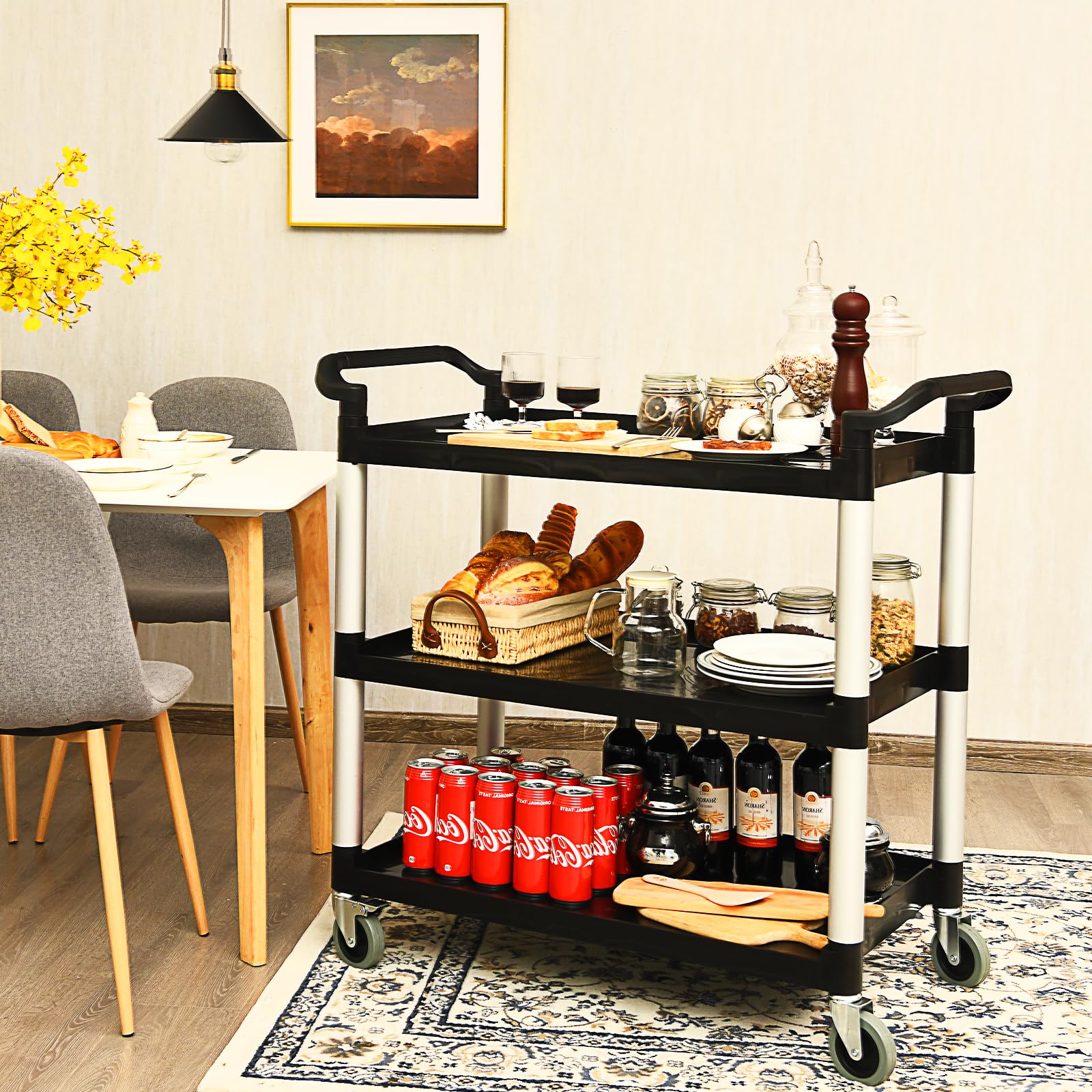 KOMFOTTEU Carrello di servizio a 3 livelli, carrello da cucina con ruote (2 con freno) e comode maniglie, carrello ausiliario con capacità di carico di 50 kg per scaffale, 103 x 49 x 98 cm