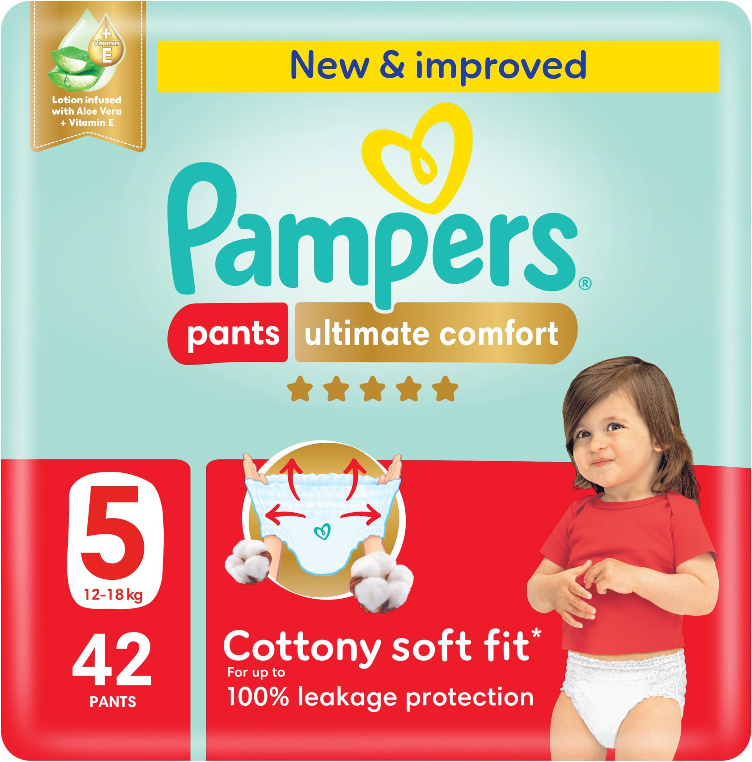 Ultimate Comfort Pants Diapers, Size 5, 12-18kg, Lotion infused with Aloe Vera and Vitamin E, Cottony Soft Fit for up to 100% Leakage Protection, Super Saving Pack, 42 Count