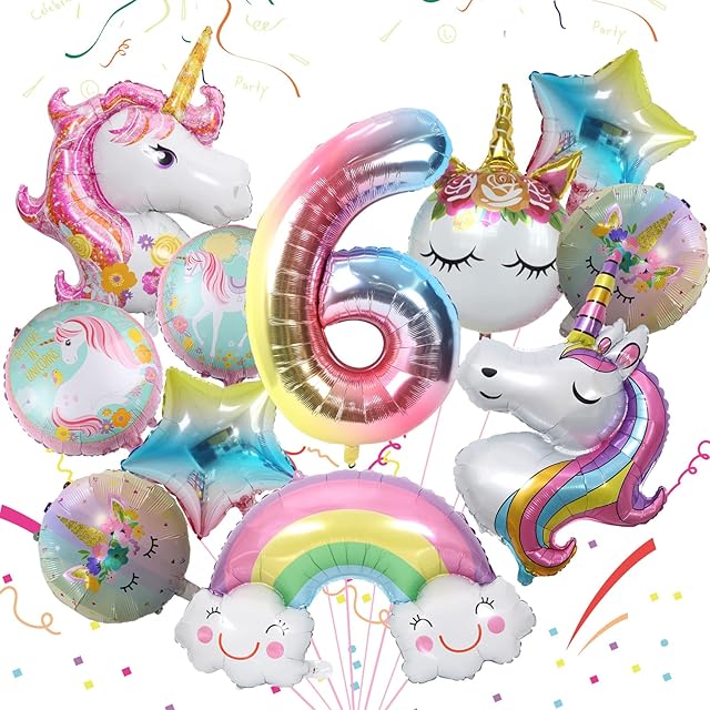 Unicorn Balloons 6th Birthday Decorations for Girls, 11Pcs Foil Round Unicorn Balloons Party Decorations with Rainbow, Star and Number 6 Foil balloon for Birthday, Girl Unicorn Theme Party Supplies