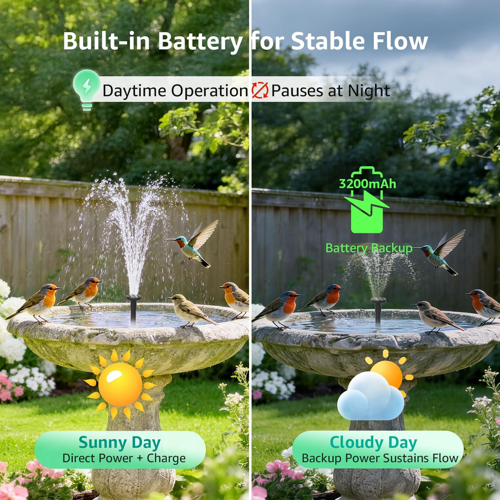 Bomba de Fuente Solar con batería de Respaldo, Bomba de Agua Solar de 4 W con batería integrada de 2000 mAh, Cable de 3 m, 5 Modos de pulverización y Manguera de PVC de 1,2 m, Fuente de Estanque para