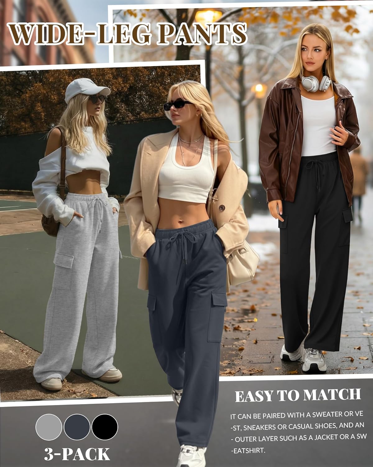 3 Pack Women's Cargo Sweatpants Wide Leg Baggy Elastic Drawstring Pants Casual Athletic Joggers with 4 Pockets - Image 3