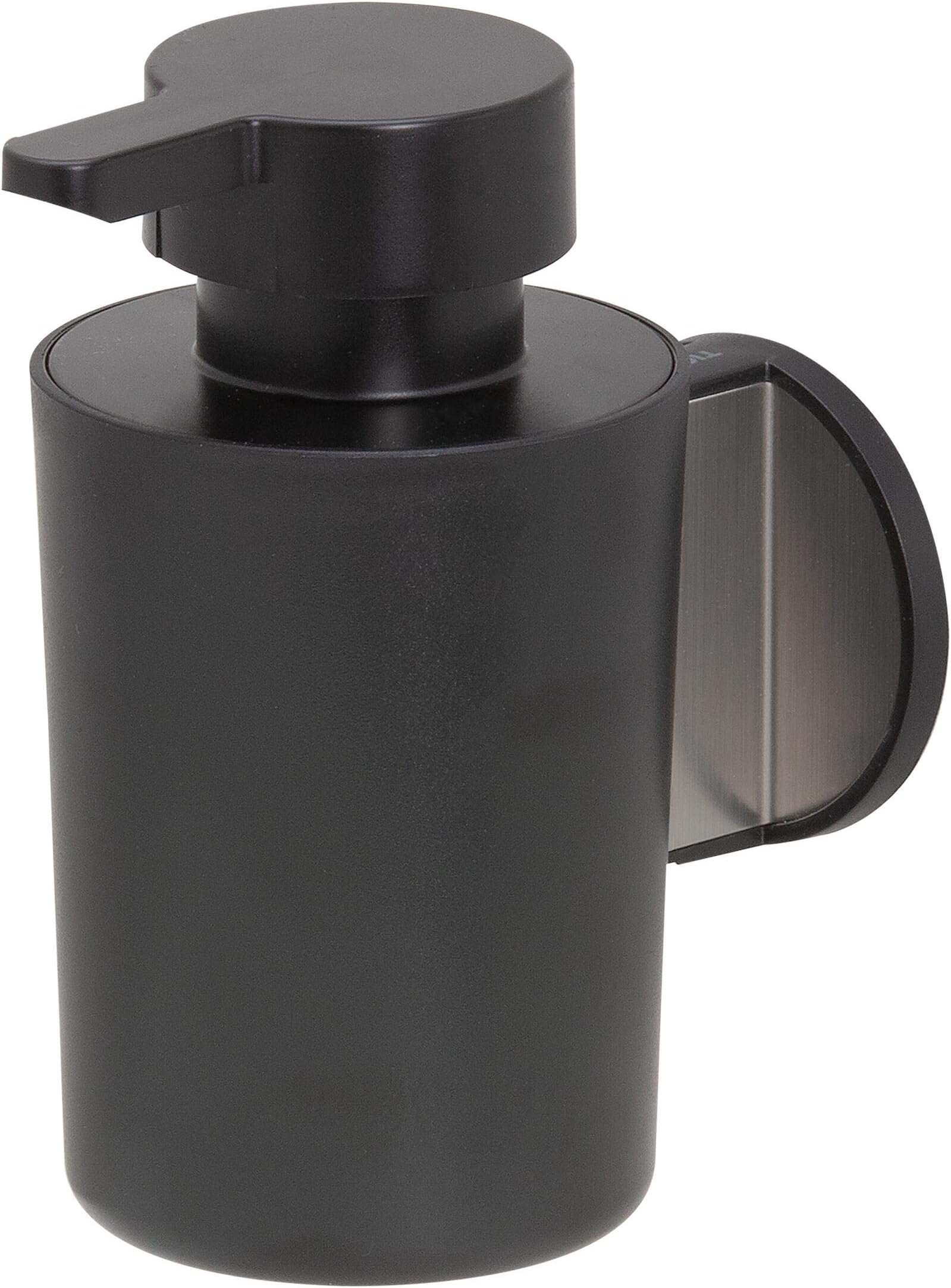 Tune Soap Dispenser, No Drilling Required Thanks to 3M Self-Adhesive Backing System, Optional Mounting with Screws and Plugs, Stainless Steel Brushed, Black, 6.8 x 12.3 x 10.9 cm