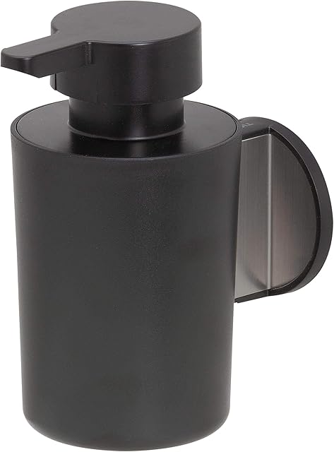 Tiger Tune Soap Dispenser, No Drilling Required Thanks to 3M Self-Adhesive Backing System, Optional Mounting with Screws and Plugs, Stainless Steel Brushed, Black, 6.8 x 12.3 x 10.9 cm