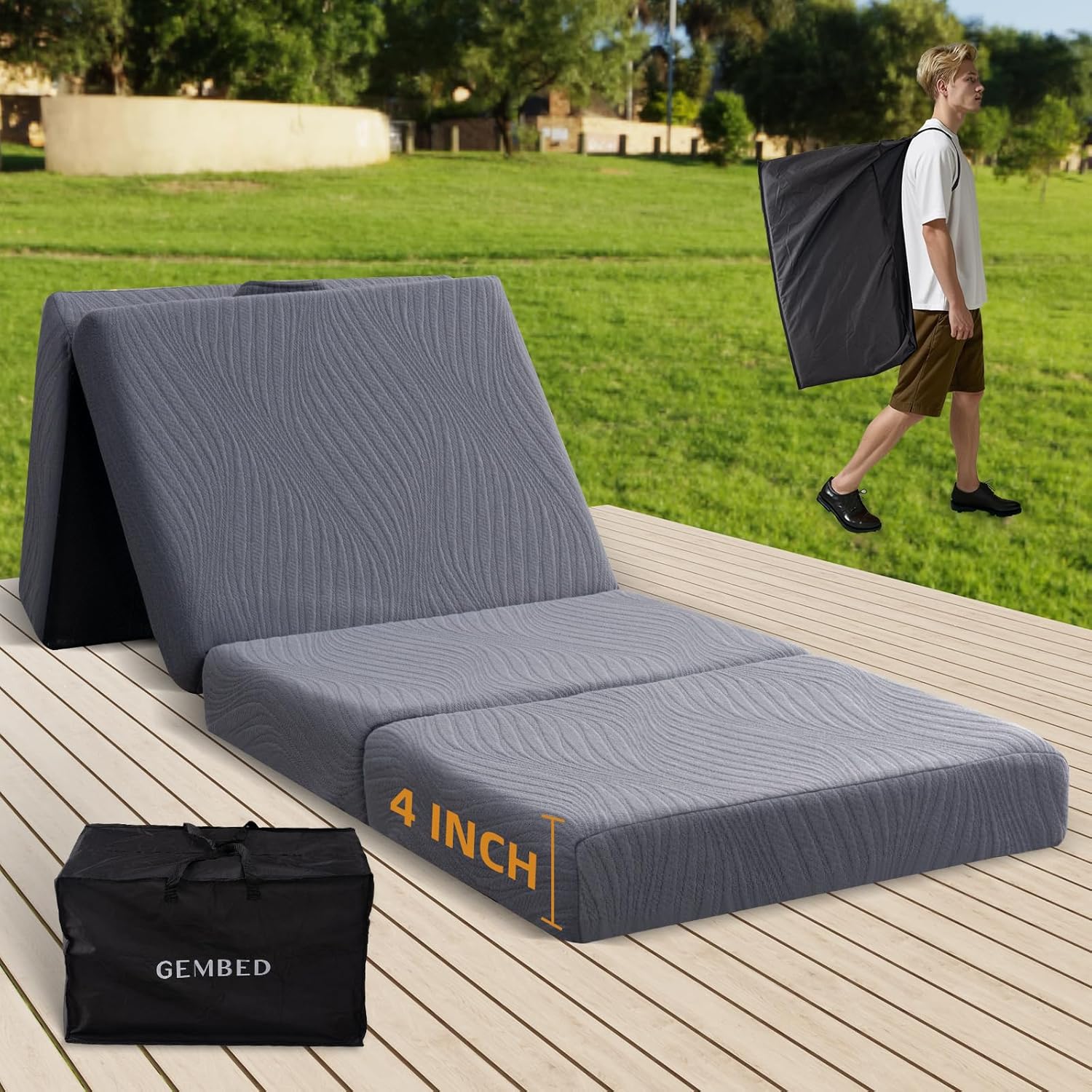 Memory Foam Camping Mattress Pad, 4 Inch Thick Waterproof Foldable Sofa Bed Floor Mattress, Portable Sleeping Pad for Adult, Sleeping Mat for Travel RV Camping Guest Yoga Cot 4 Inch