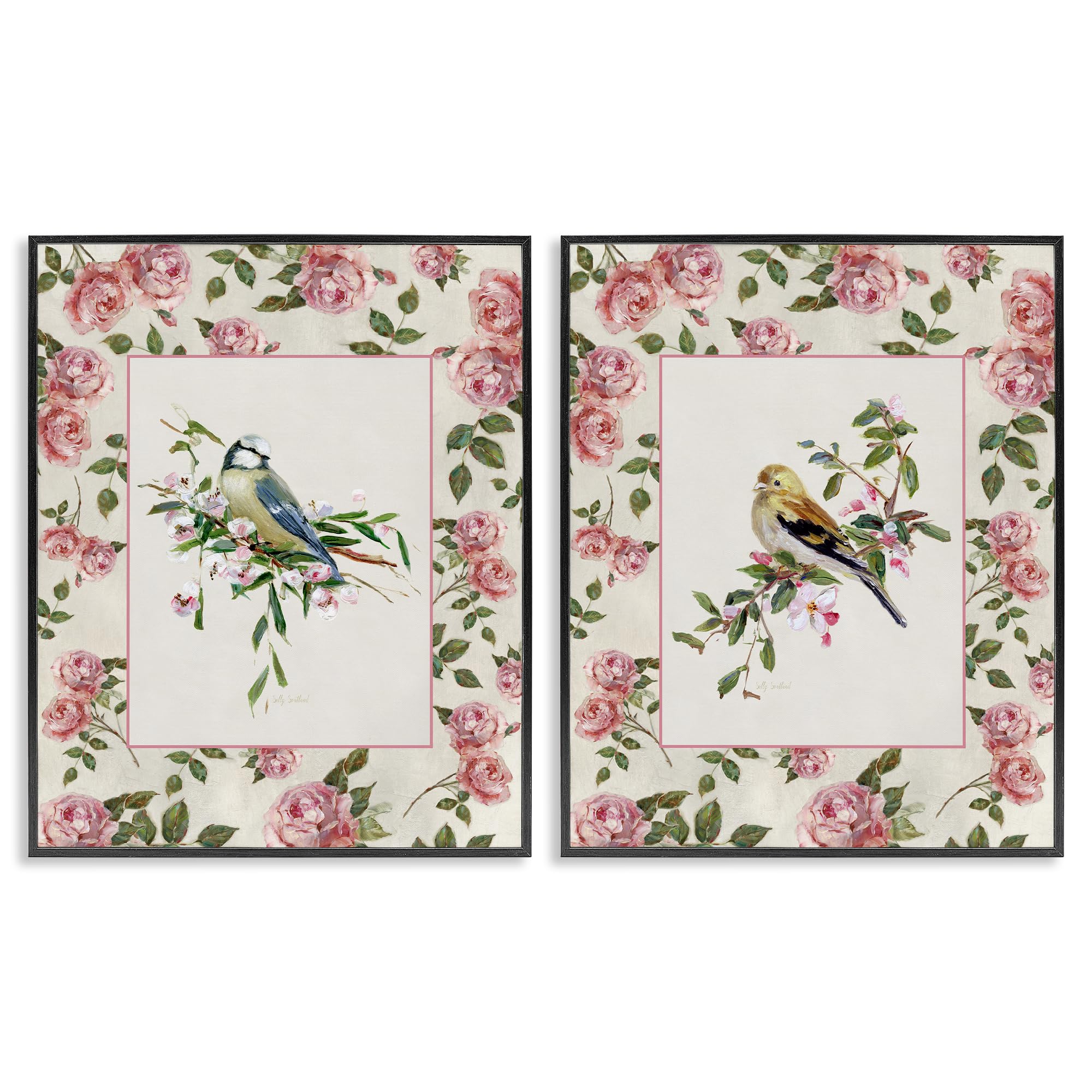 Dainty Roses and Birds Floral, 24 x 30 Inch Framed Giclée Print Set