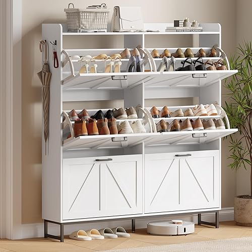 Miniatura 11 de Gabinete para Zapatos con 2 Cajones Abatibles, Organizador Independiente Oculto para Almacenamiento de Zapatos para Entrada, Gabinete Estrecho y