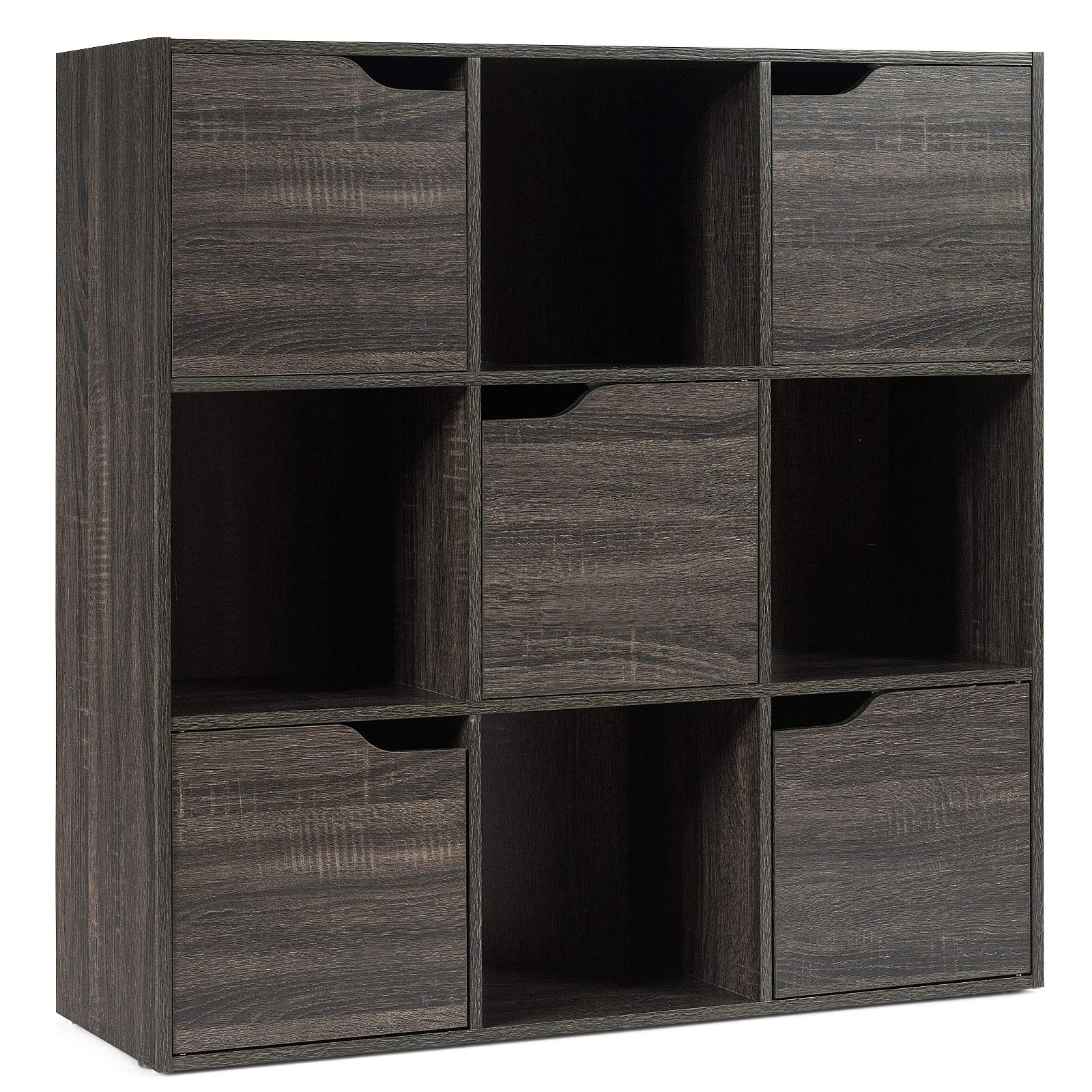 KOMFOTTEU Estantería con 9 Compartimentos de 3 Niveles, Librería de Madera con Puertas, Mueble de Almacenamiento de Pie con Cierre Magnético para Estudio, Oficina, Salón, 90 x 29 x 90 cm (Gris)