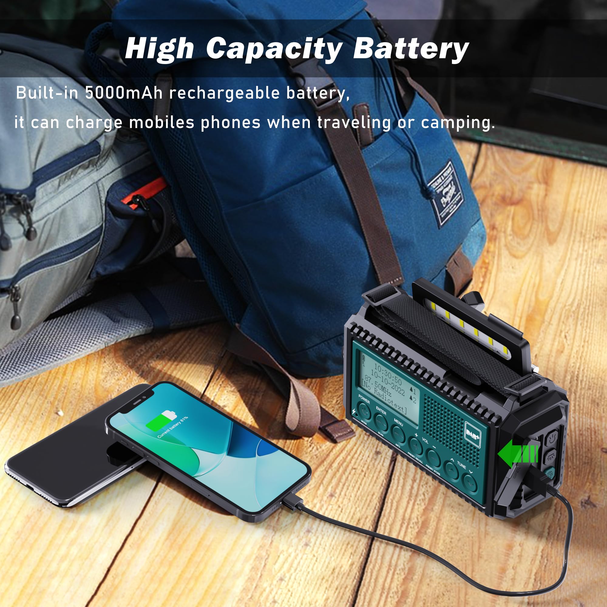 Radio à Manivelle Dab+/Dab/FM avec Batterie Rechargeable 5000mAh, Lampe de Poche, Camping Portable, Charge USB, Dynamo SOS