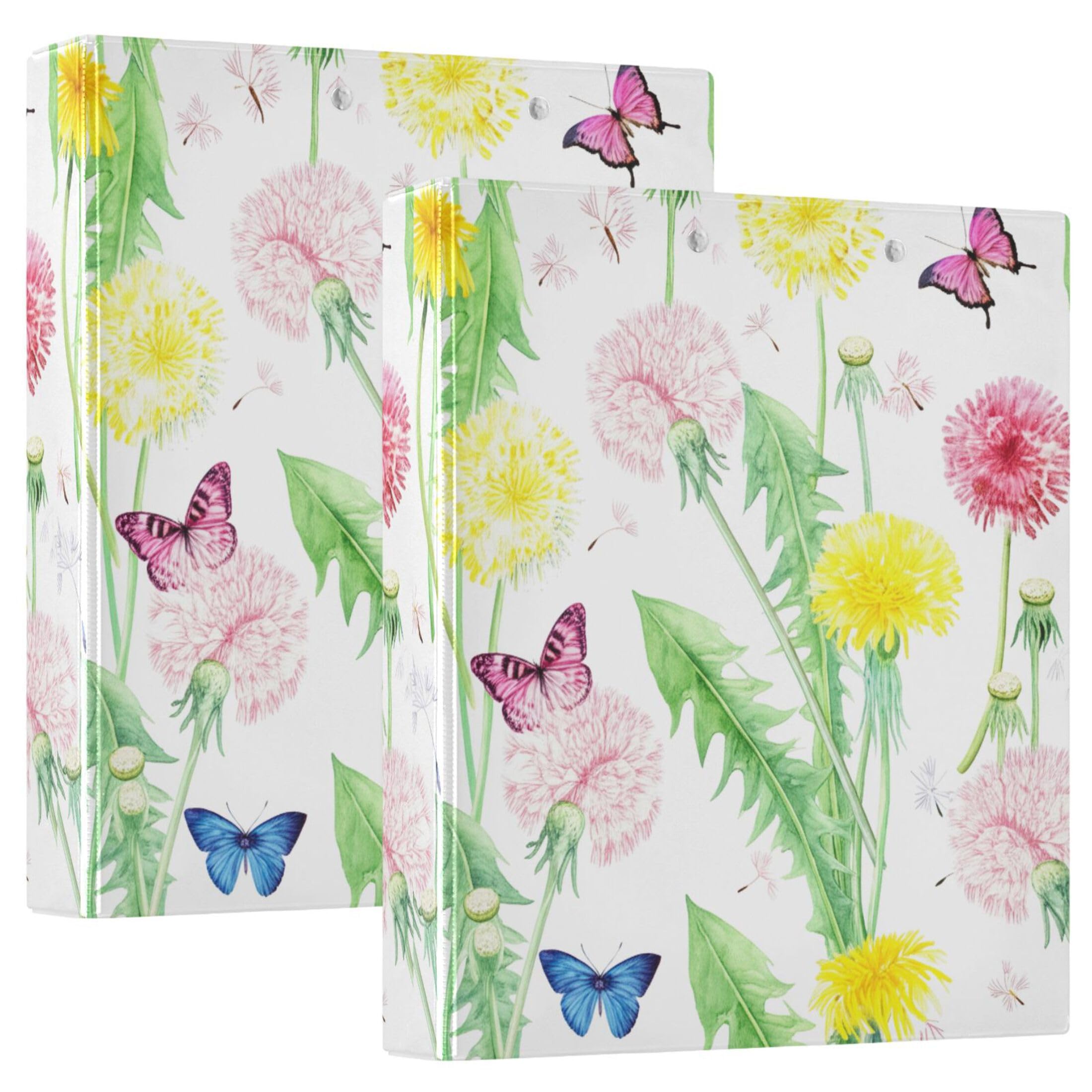 Raccoglitori colorati personalizzati con dente di leone floreale e farfalla, 3,8 cm, 3 anelli, 200 fogli, raccoglitore ad anelli rotondi, 31,5 x 27 x 6 cm, confezione da 2