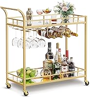 VASAGLE Gold Bar Cart ULRC090A03 - Mirrored Shelf Wine & Glass Holder Serving Cart for Kitchen Dining Room