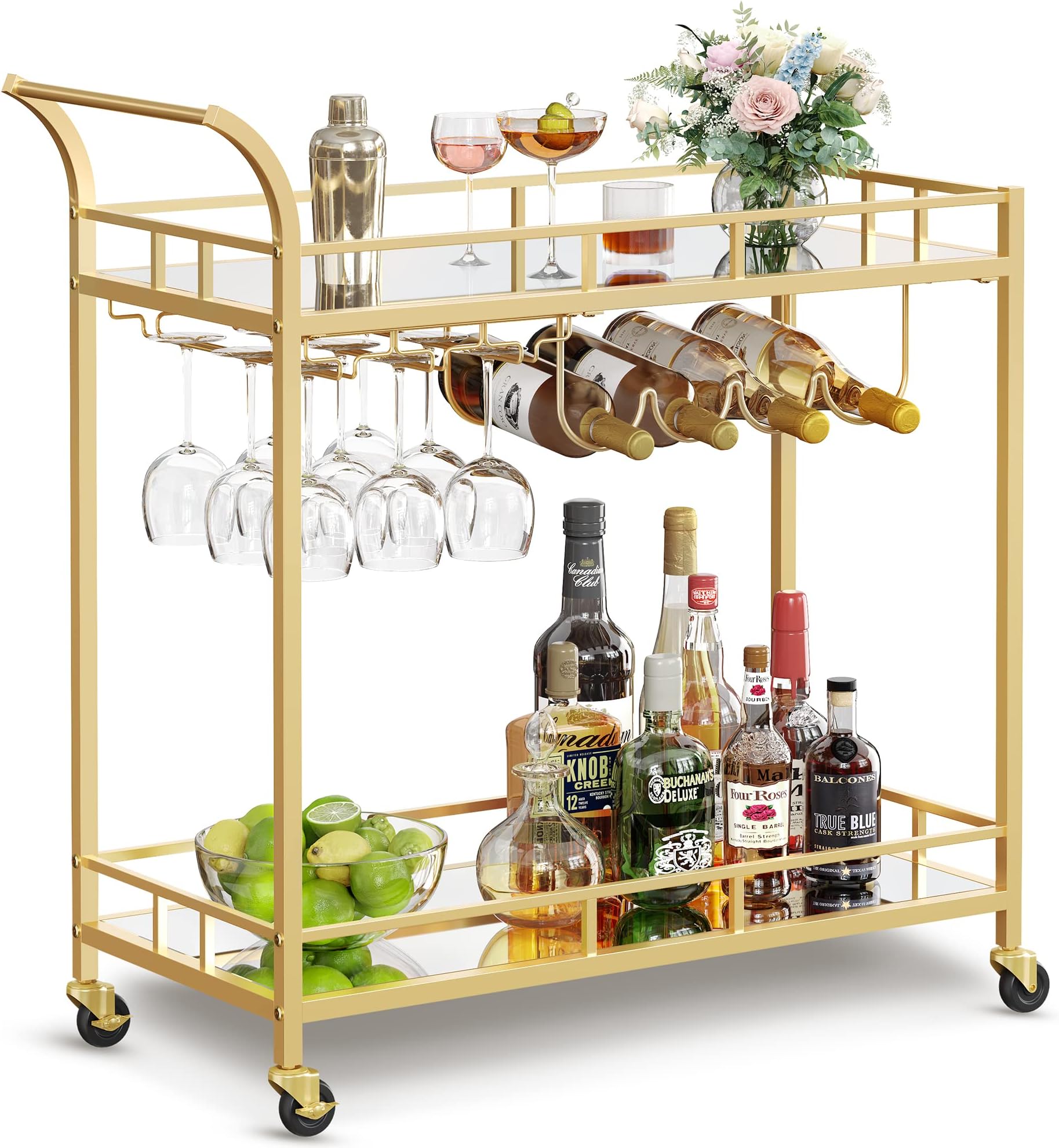 - Bar Cart Gold, Home Bar Serving Cart, Wine Cart with 2 Mirrored Shelves, Wine Holders, Glass Holders, for Kitchen, Dining Room, Gold ULRC090A03
