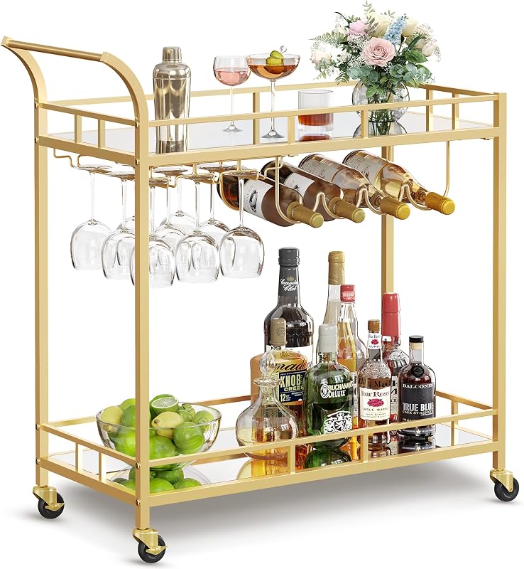 VASAGLE Bar Cart with 2 Mirrored Shelves, Wine Holders, Glass Holders | Home Bar Serving Cart, Wine Cart, for Kitchen, Dining Room, Light Red Gold and Dove Gray, BARIS Collection ULRC090A03
