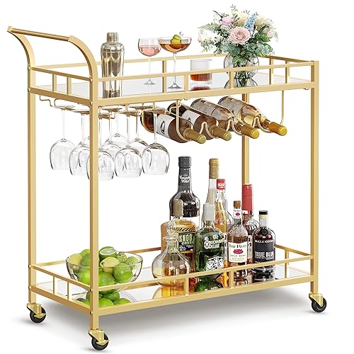 VASAGLE Bar Cart Gold, Home Bar Serving Cart, Wine Cart with 2 Mirrored Shelves, Wine Holders, Glass Holders, for Kitchen, Dining Room, Gold ULRC090A03
