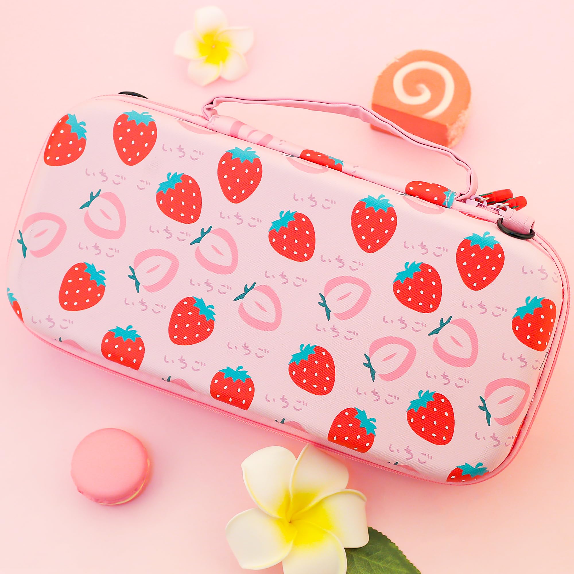 FUNDIARY Custodia da trasporto rosa per Switch 2 con design fragola, kit di accessori antiurto con custodia da viaggio sottile portatile, custodia agganciabile, pellicola proteggi schermo, tracolla e