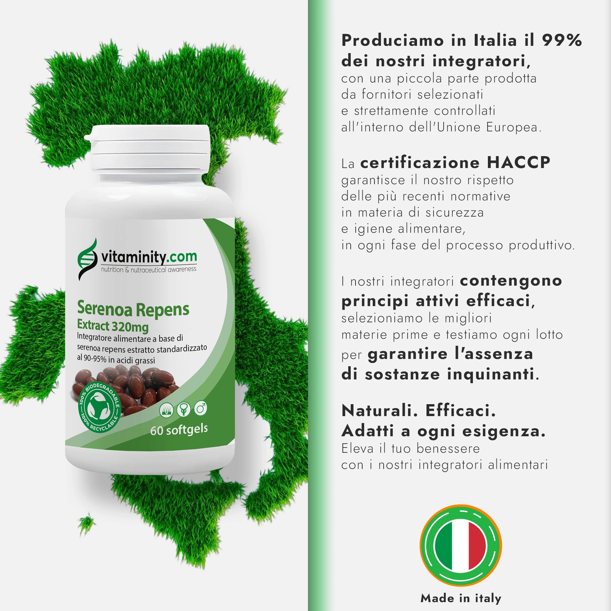 Serenoa Repens 320 mg - 90-95%, Integratore contro l'Ingrossamento della Prostata e la Caduta dei Capelli, a Base di Serenoa Repens - Formato da 60 Capsule Softgel