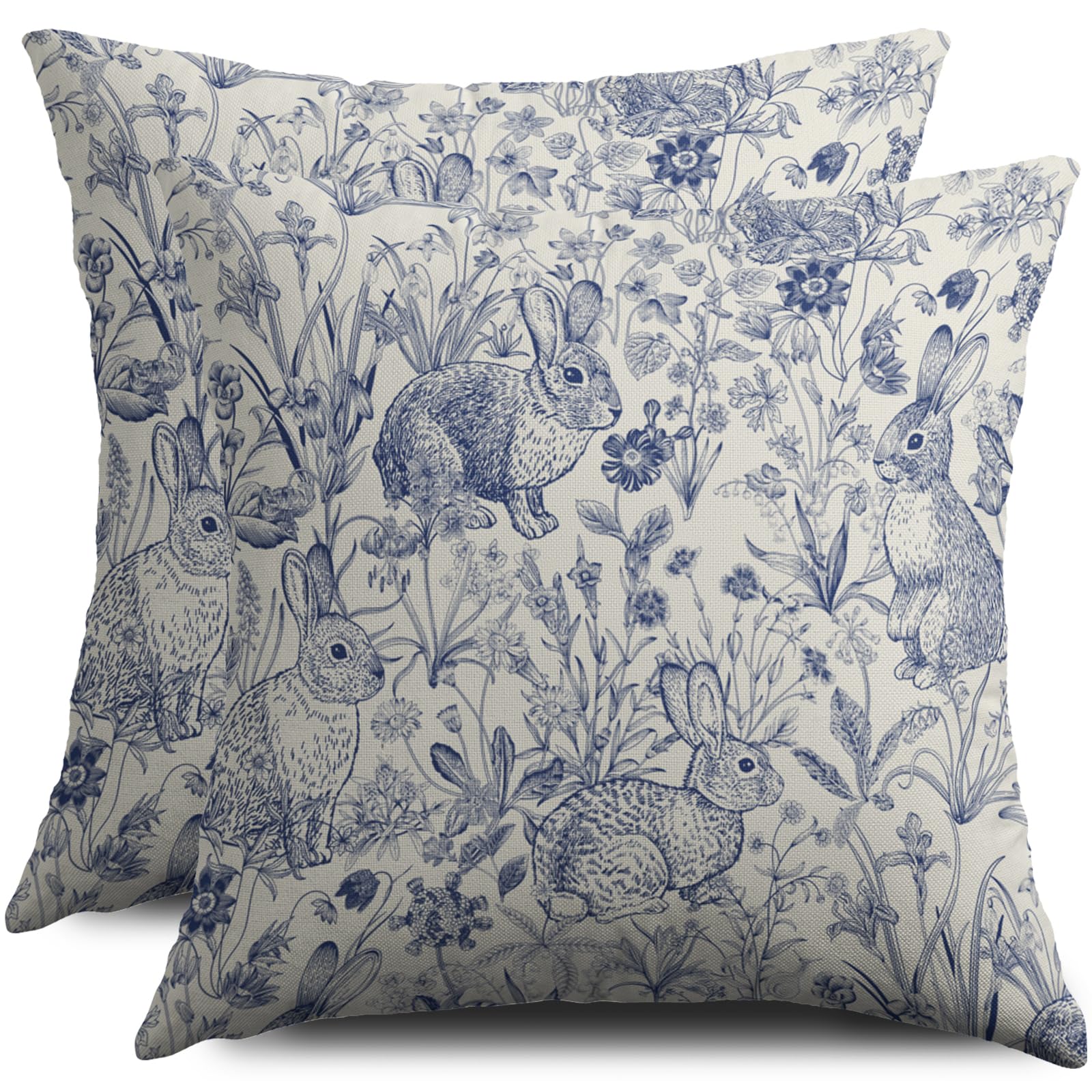 Easter Spring Blue Pillow Covers 18X18 Set of 2, Vintage Flower Rabbit Bunny Floral Botanical Print Decorative Throw Pillow Covers Outdoor Farmhouse
