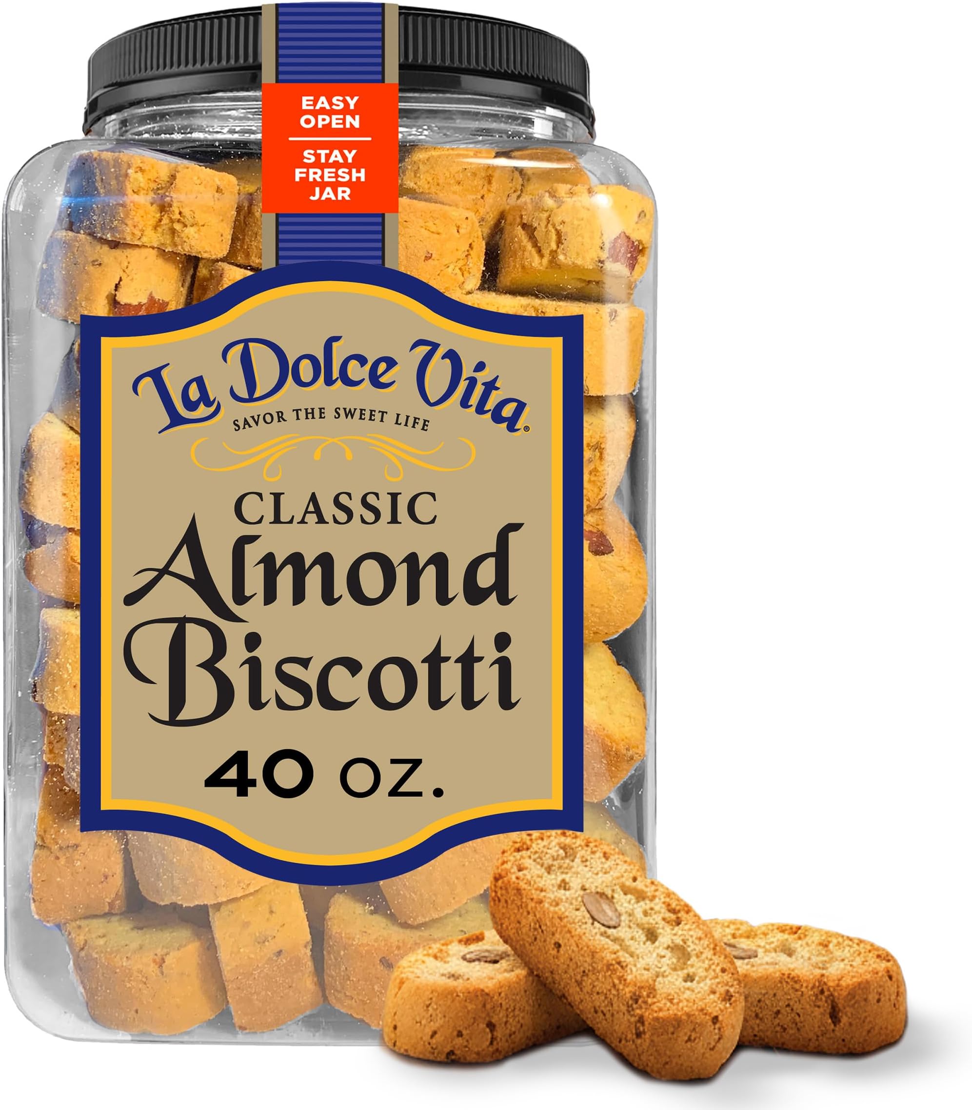 La Dolce Vita Classic Almond Italian Biscotti Cookie Snacks with Whole Almonds, 40 oz. Jar, 30 Servings (Pack of 1)
