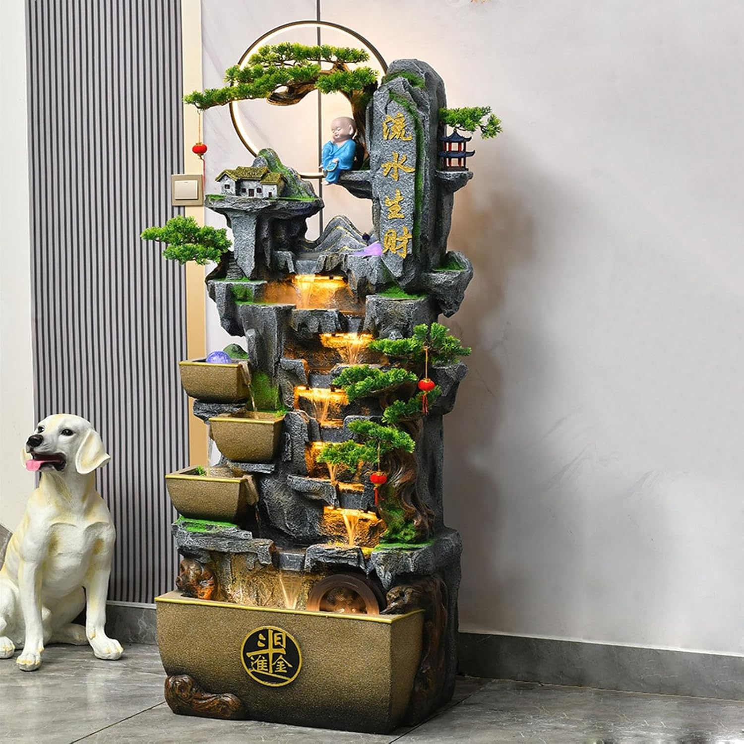 Outdoor Fountain Floor Standing Water Fountain with Rockery and Feng Shui Ball Decorative Fountain for Living Room, Modern Resin Water Fountain for Home and Garden Decoration Backyard Decoration