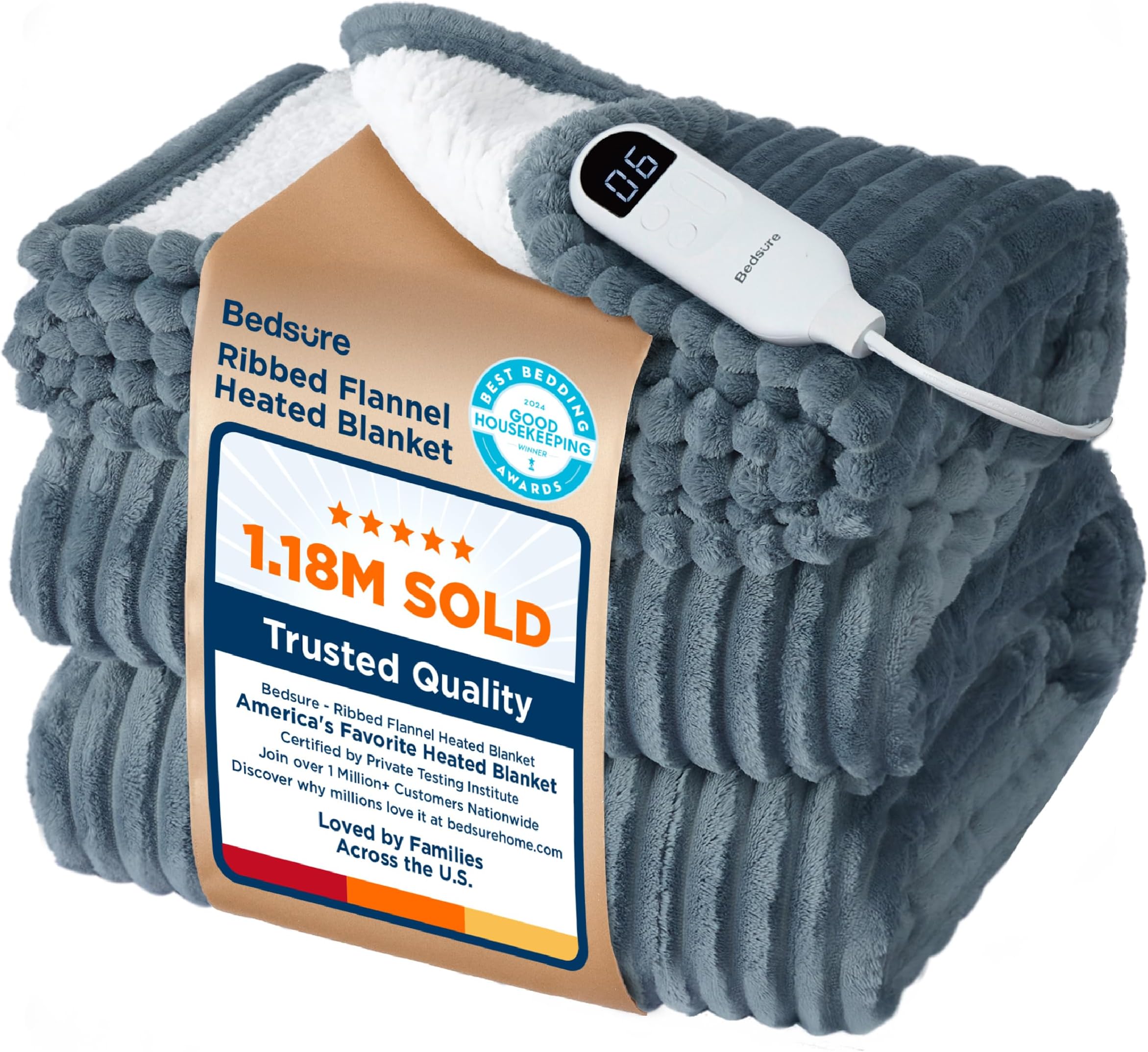 Bedsure Full Size Electric Heated Blanket, Soft Ribbed Flannel, Fast Heating, 6 Levels, 10 Time Settings, 8 Hour Off, Red, Full/Queen