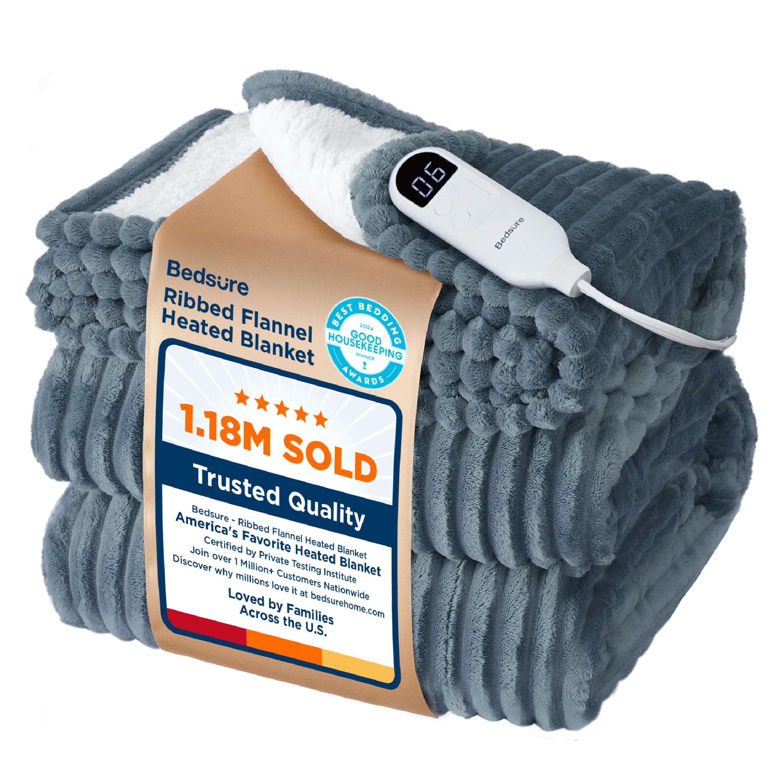 Bedsure GentleSoft Heated Blanket Electric Throw - Soft Ribbed Flannel Electric Blanket, Heating with 4 Time Settings, 6 Heat Levels, 3 hrs Timer Auto Shut Off, Gifts for Grandma (50x60 inches, Grey)OEKO-TEX STANDARD 100