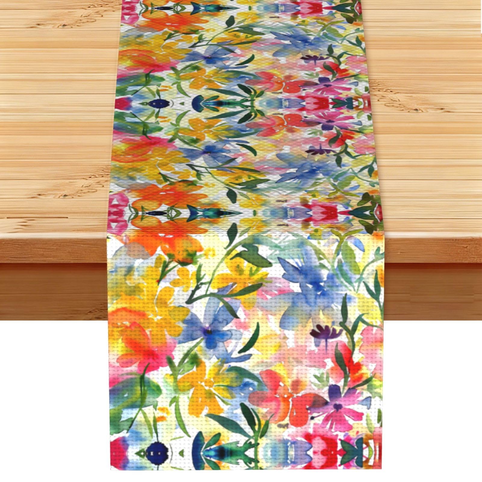 Bright watercolor flowers Printed Table Runner 13 x 72, Wrinkle Resistant Decor for Dining Table Coffee Table Fireplace