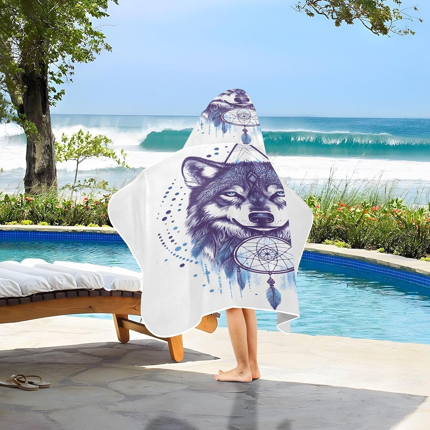 Boho Indian Animal Wolf Kids Bath Towels Hooded Poncho, 50x23.5in Quick Dry Beach Towels for Boys Girls Toddlers, Soft Absorbent Baby Bath & Hooded Towels Cape for Swimming Bathroom