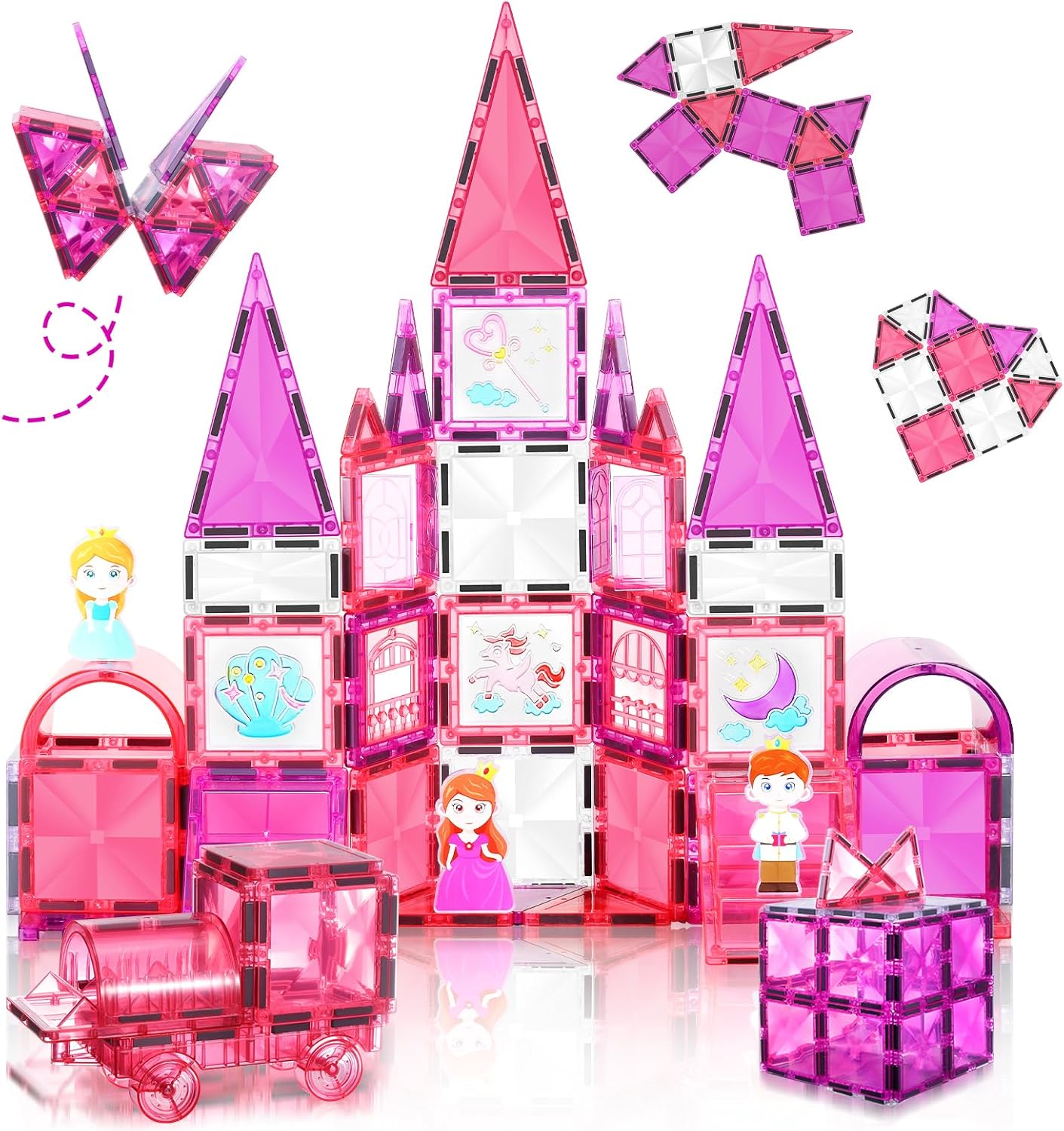 101PCS Magnetic Blocks Set Including Cars and Accessories, Princess Magnet Building Tiles Sets, Castle Magnet Blocks STEM Toys for Girls Kids Ages 3 4 5 6 7 8 9+ Year Old