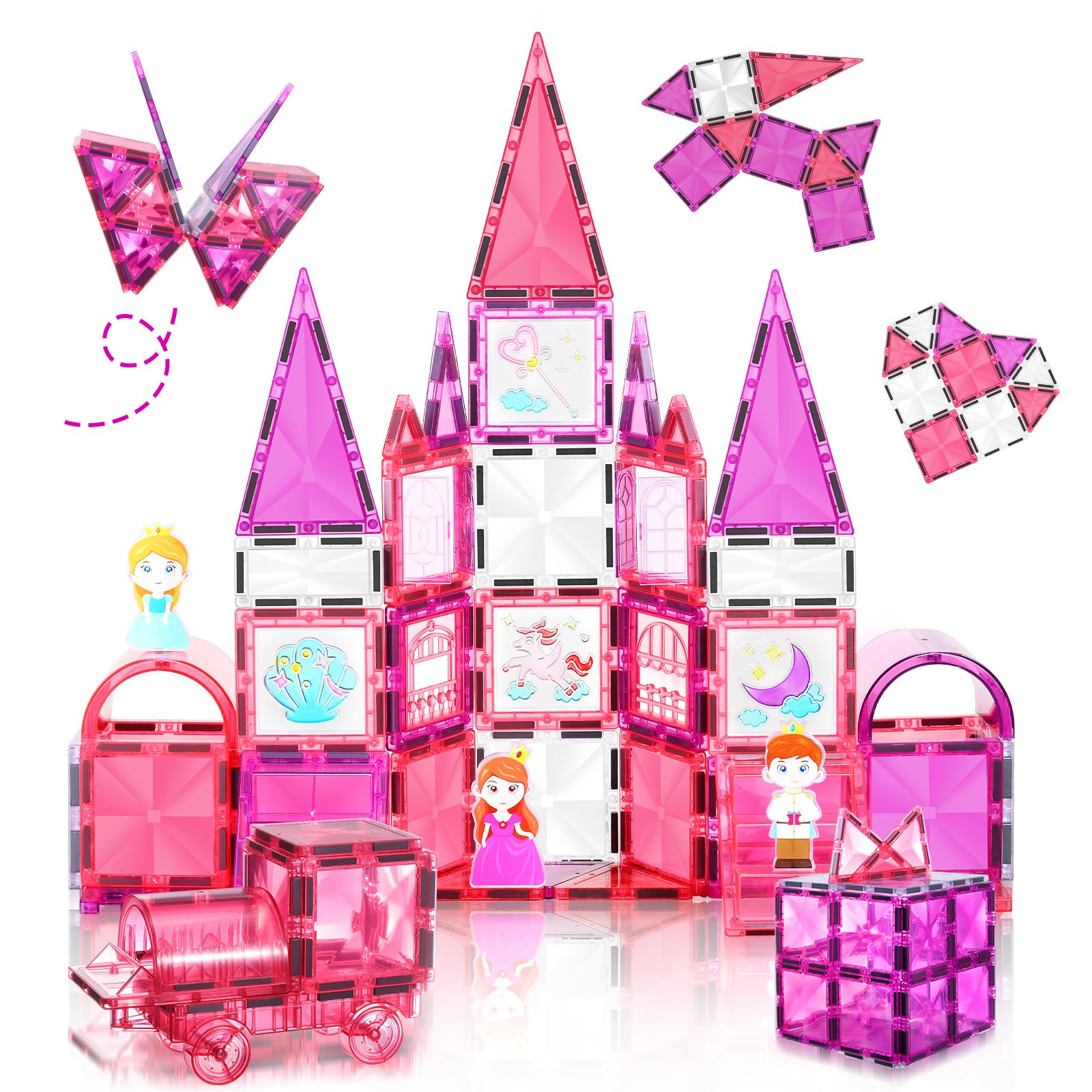 W Wise Block Magnetische Bausteine 101PCS mit Autos, Prinzessin Magnetische Bauklötze, STEM Konstruktionsspielzeug für 3 4 5 6 7 8 Jahre Junge Mädch, Rosa