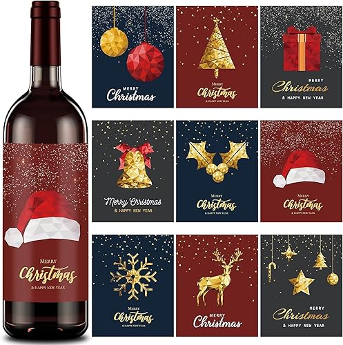 W1cwey 90 etiquetas adhesivas para botellas de vino de Navidad, 4 x 5 pulgadas, 9 diseños de etiquetas adhesivas de temática navideña, decoración de