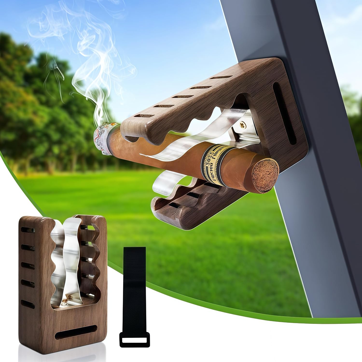 Magnetic Cigar Holder for Golf Cart - Cigars Accessories for Men, Hands-Free Cigar Clip for Golfing, Grilling, Fishing - Cigar Gifts for Golfers & Golf Lovers - Secure Magnetic Grip, Hook & Loop Strap