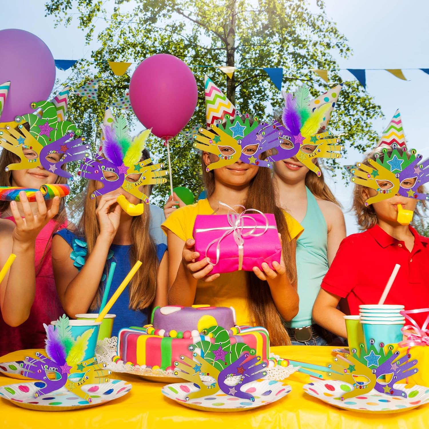 Cinrobiye 30 Set Mardi Gras Mask Craft Make Your Own Carnival Paper Mask Kit DIY Masquerade Party Mask with Diamond Sticker Pompom Holiday Party Favor Art Project Family Classroom Activities (Cute) - Image 7