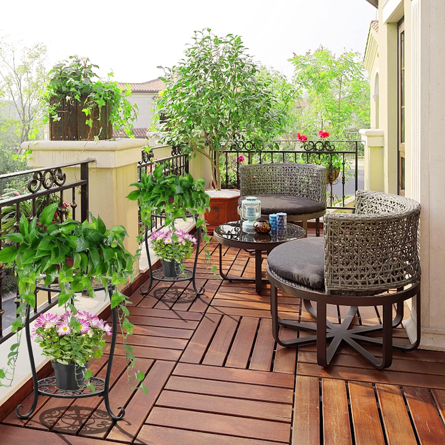 Potted Plant Stand 2 Tier Metal Flower Pot Stand Anti-Rust Heavy Duty Plant Holder Shelf for Home Indoor Outdoor