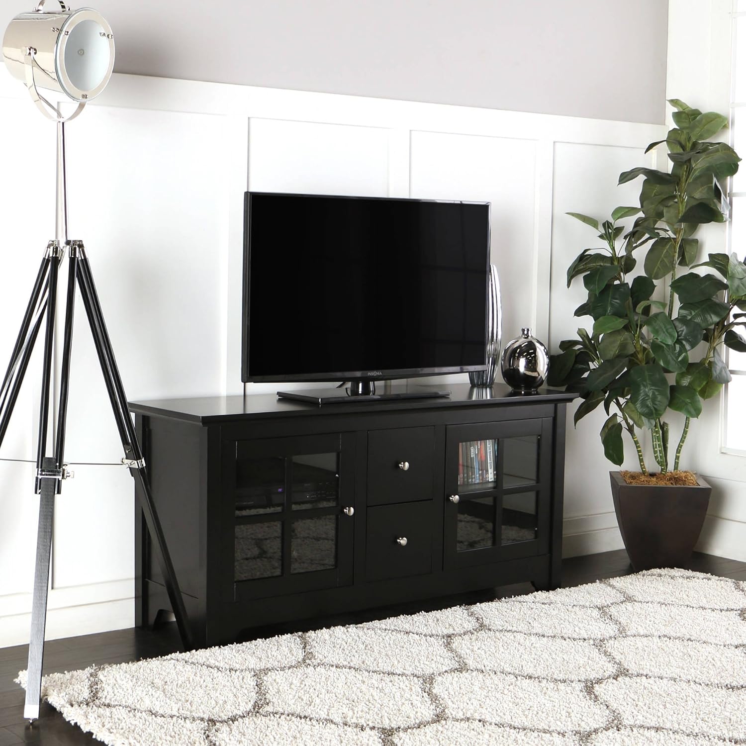 Wood Matte Black TV Console with 2 Drawers for TVs up to 55