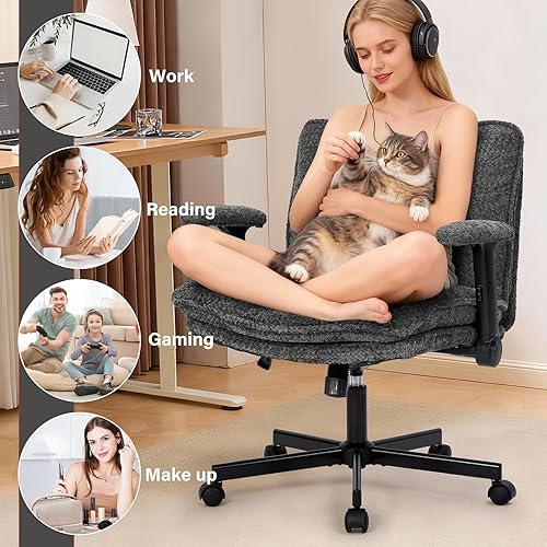 Miniatura 6 de Silla de Oficina con Patas Entrecruzadas con Ruedas y Brazos Abatibles, Silla de Escritorio Tapizada con Diseño Entrecruzado, Sillas de Asiento