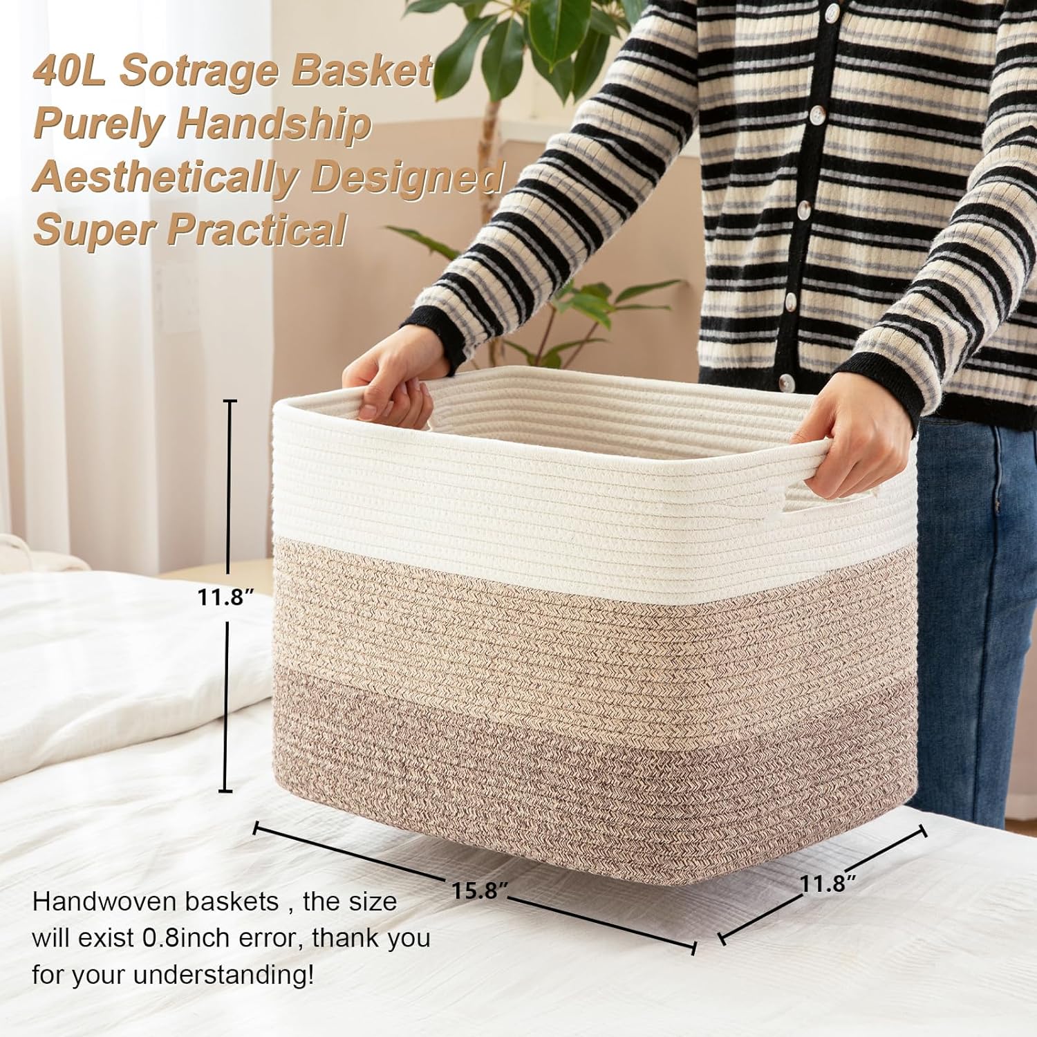 Storage Baskets for Organizing, 2 Pack Woven Basket for Storage, Rectangle Baskets for Shelves Closet Organizers, Toy Basket for Nursery Storage Living Room, Laundry Room, Bedroom (Gradient Brown) - Image 6