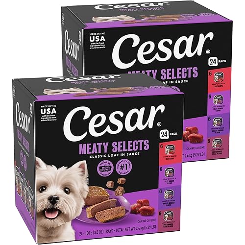 Cesar Classic Loaf in Sauce Wet Dog Food, Beef Recipe, Filet Mignon Flavor, Grilled Chicken Flavor, and Porterhouse Steak Flavor, 3.5 oz. Easy Peel Trays, Variety Pack (24 Count, Pack of 1)