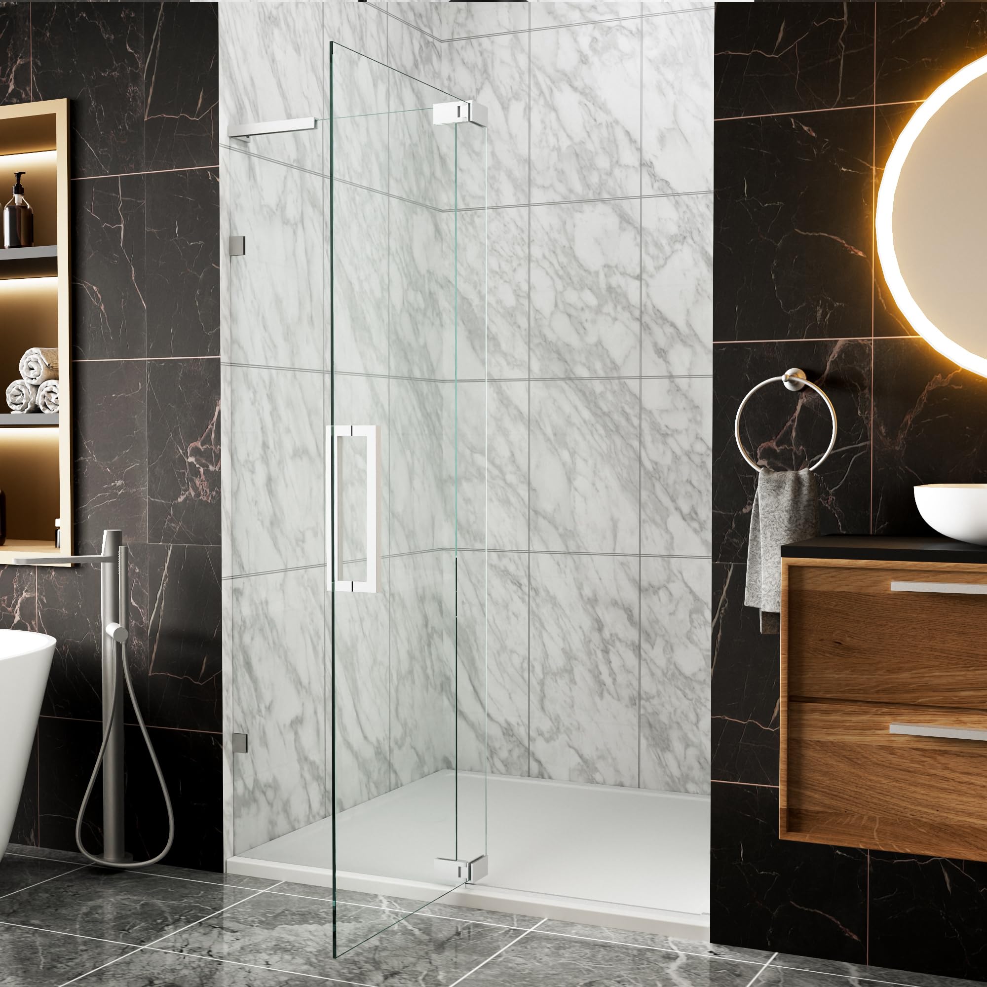 Photo 1 of 44-48" W x 70" H Frameless Pivot Shower Door, Semi-Frameless Hinged Shower Door with 5/16" (8mm) Clear SGCC Tempered Glass, Glacier Nickel Pivot Shower Glass Door, Reversible Installation