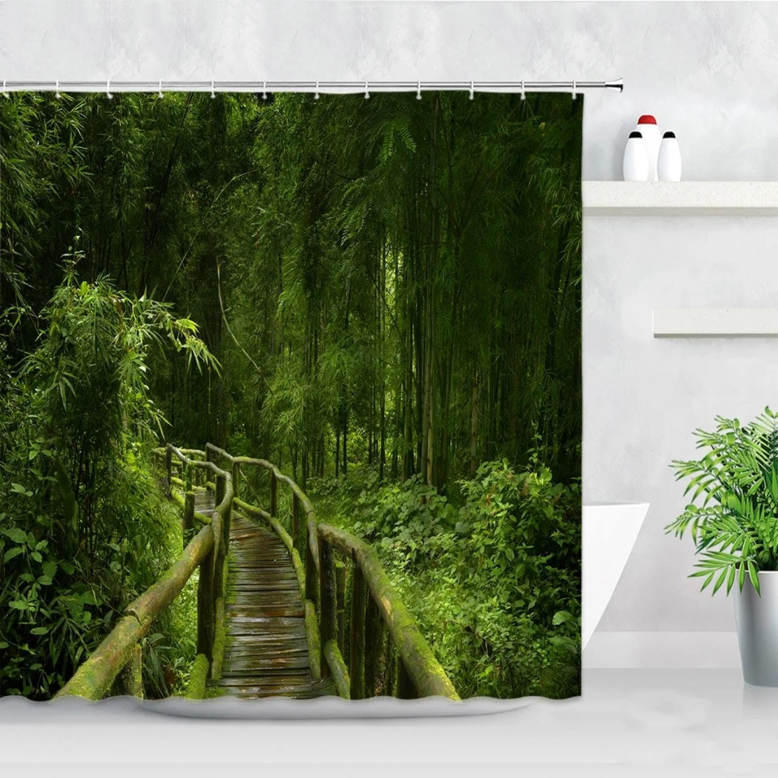 Rideau de douche imperméable jungle avec pont en bois de bambou