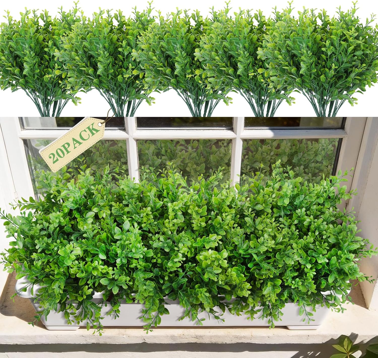 20 Bundles Artificial Plants Fake Greenery for Outdoor Spring Summer Decoration, UV Resistant Realistic Faux Shrubs Stems No Fade Plastic Boxwood for Planter Garden Patio Balcony Porch Backyard Indoor