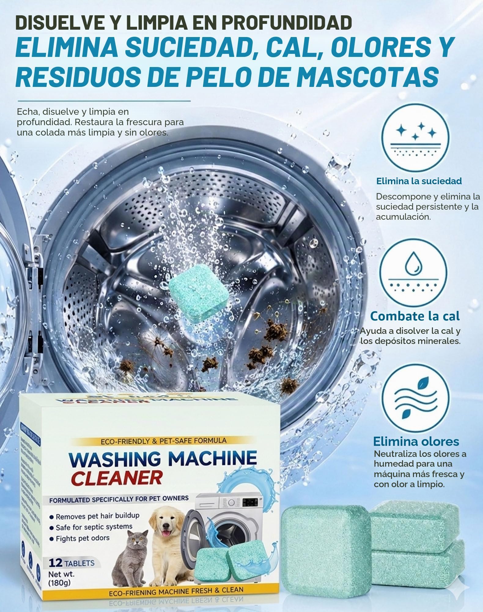 Limpiador para Lavadora, Pastillas Efervescentes de Limpieza Profunda, Elimina Olores, Residuos y Depósitos, Descalcificador para Lavadoras, con Lavadoras de Carga Frontal y Superior–36 Pastillas