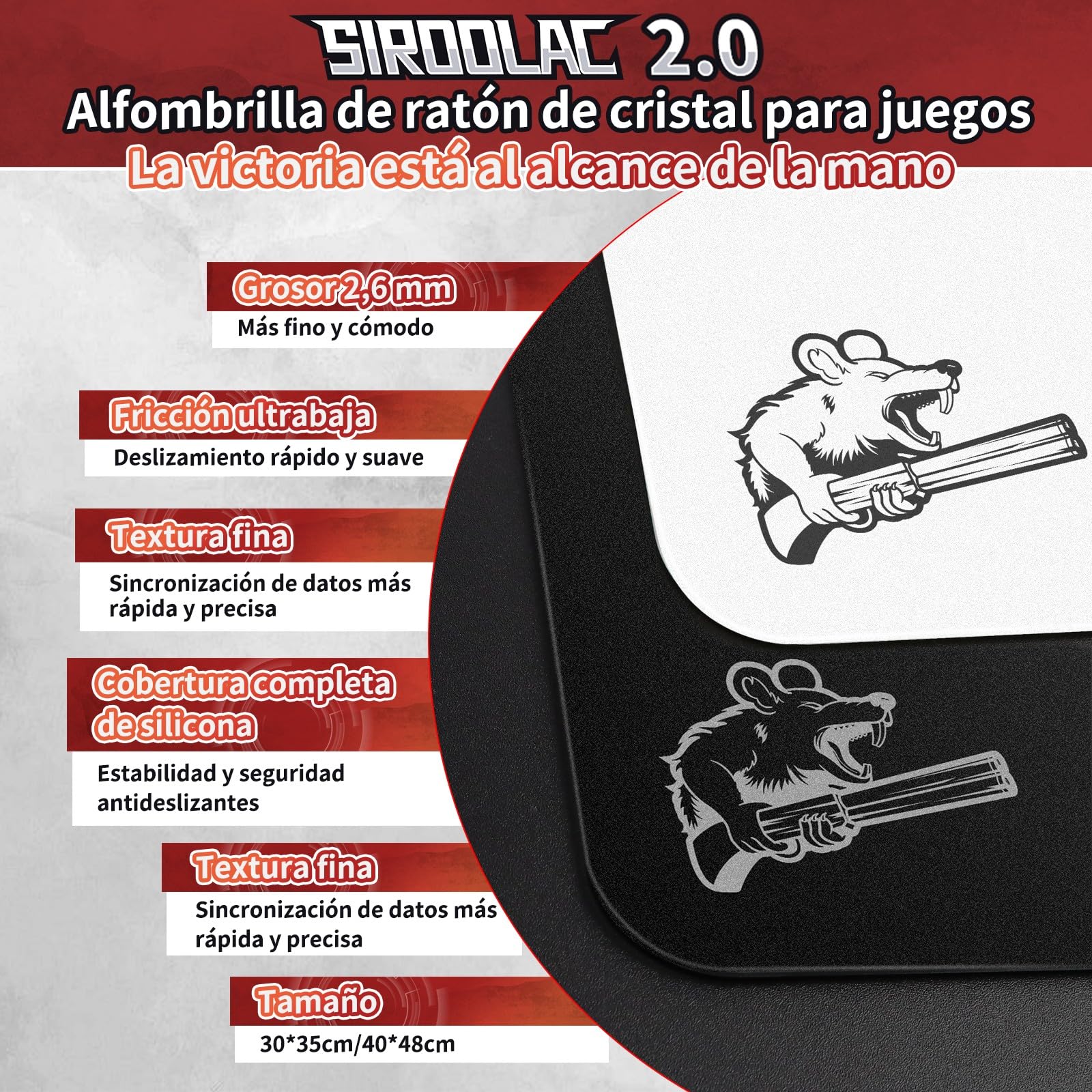 SIROOLAC 2.0 Tappetino Mouse Gioco Vetro, FPS, Base Silicone, Strato in vetro sottile da 1,6 mm, Esperienza Scatto Premium (bianco, 300mm*350mm)