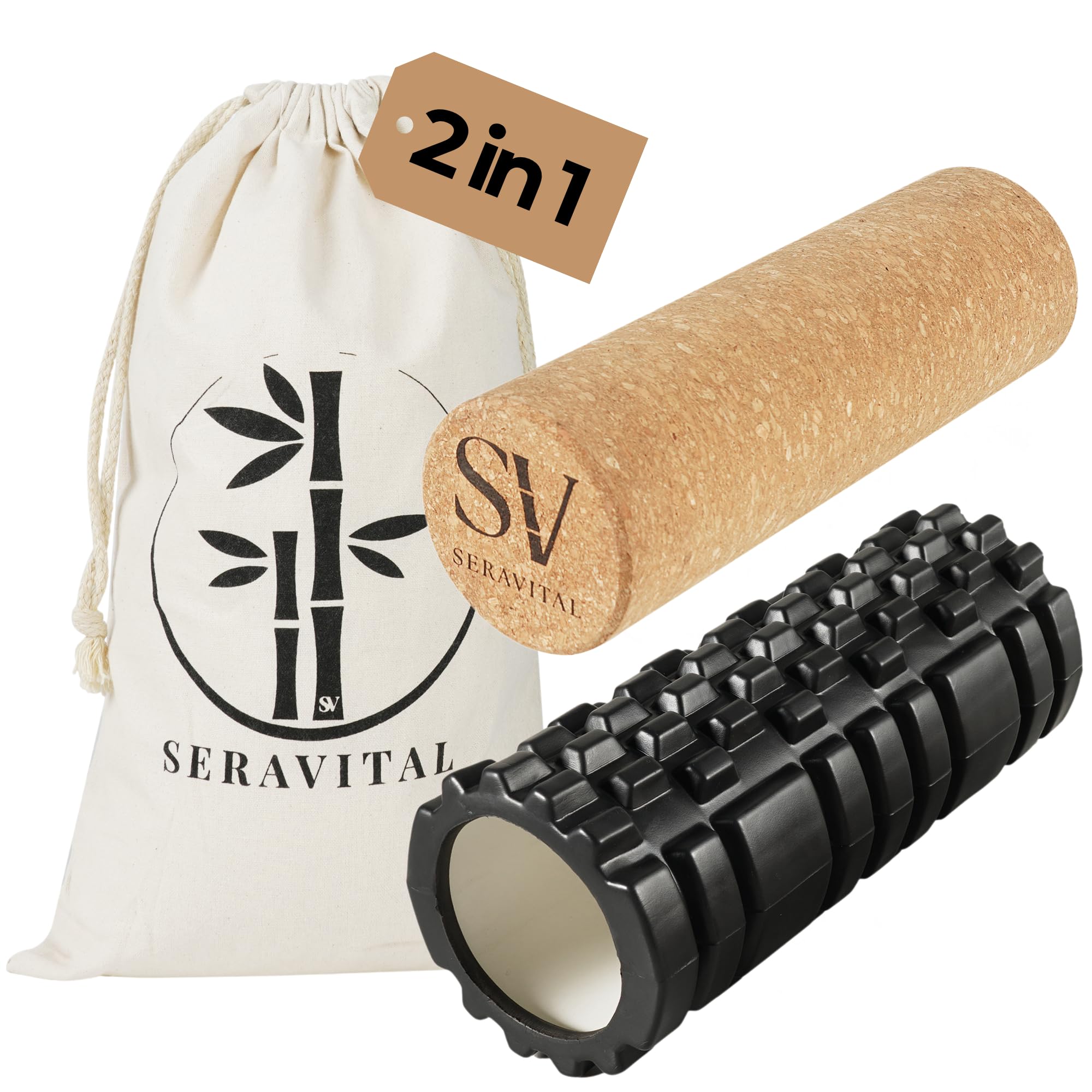 Faszienrolle Set Kork & EVA 33cm – 2er Set Selbstmassage & Mobility inkl. Baumwollbeutel – Korkrolle 10cm + EVA Hohlrolle 13cm – rutschfest, geruchsarm – Massagerolle für Warm-up, Cool Down