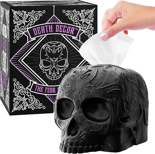 Miniatura 9 de Funda para caja de pañuelos de calavera gótica, soporte cuadrado pesado, no se moverá al tirar de un pañuelo, decoración negra para el hogar y el