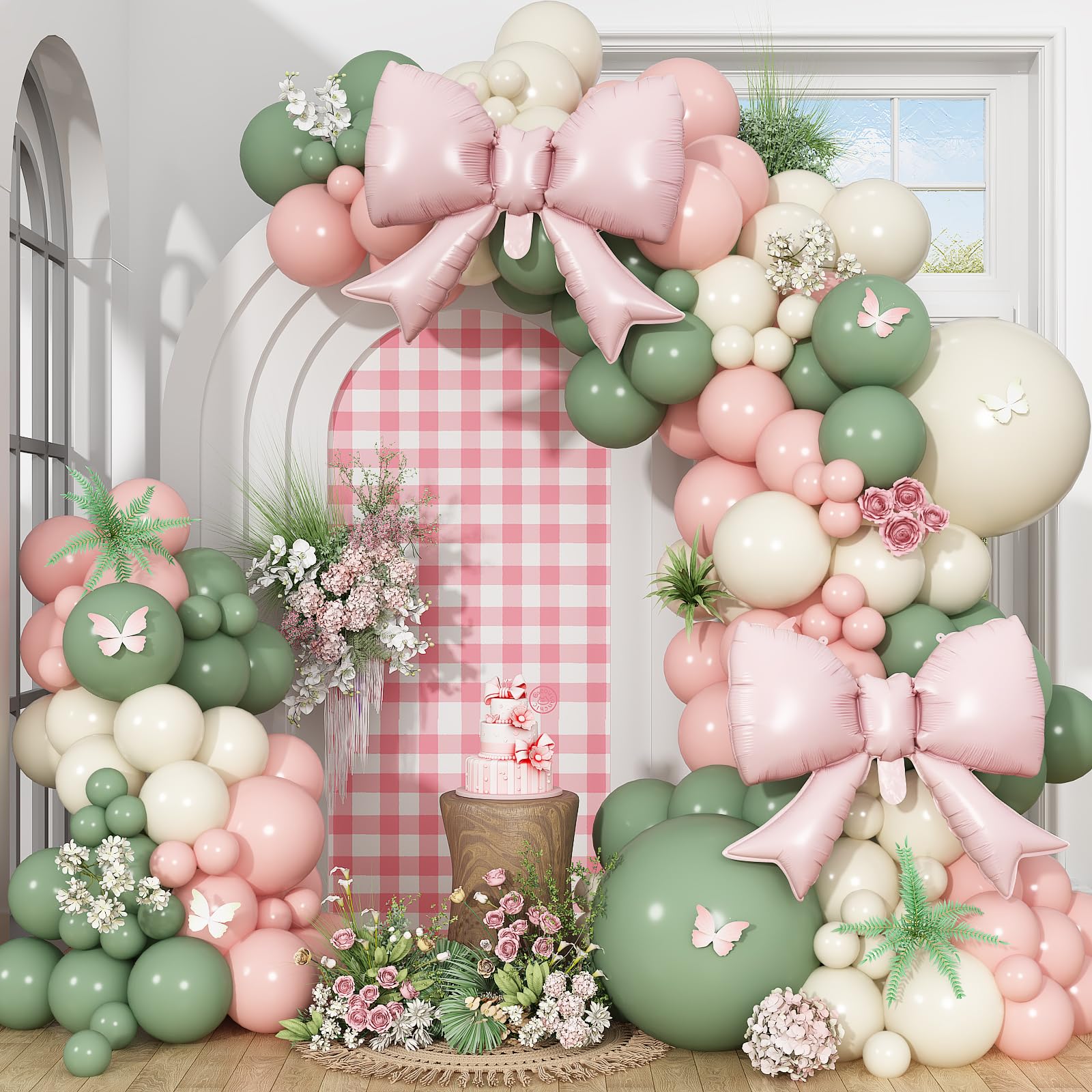 Sage Green Pink Balloon Arch, Pastel Pink Dusty Green Ivory Balloon Garland with Bow Foil Balloons for Girls Wildflower Tea Party Birthday Bridal Baby Shower Wedding Spring Floral Flower Decorations