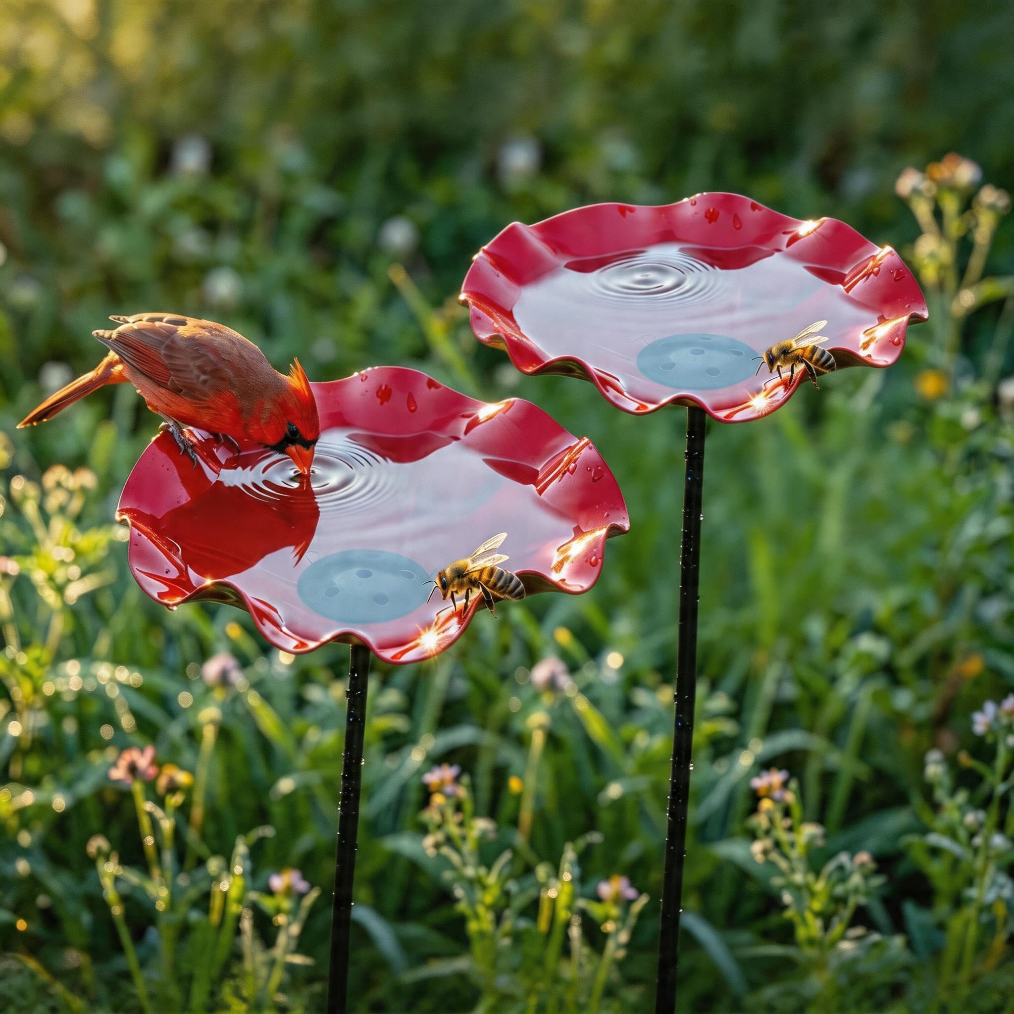 RHAIQBVC 2PCS Handmade Metal Flower Garden Stake with Bird Bath,Bee Watering Station, Bee Butterfly Water Feeder with Flowers Design for Outdoor Garden Lawn Yard Decor(2PCS)