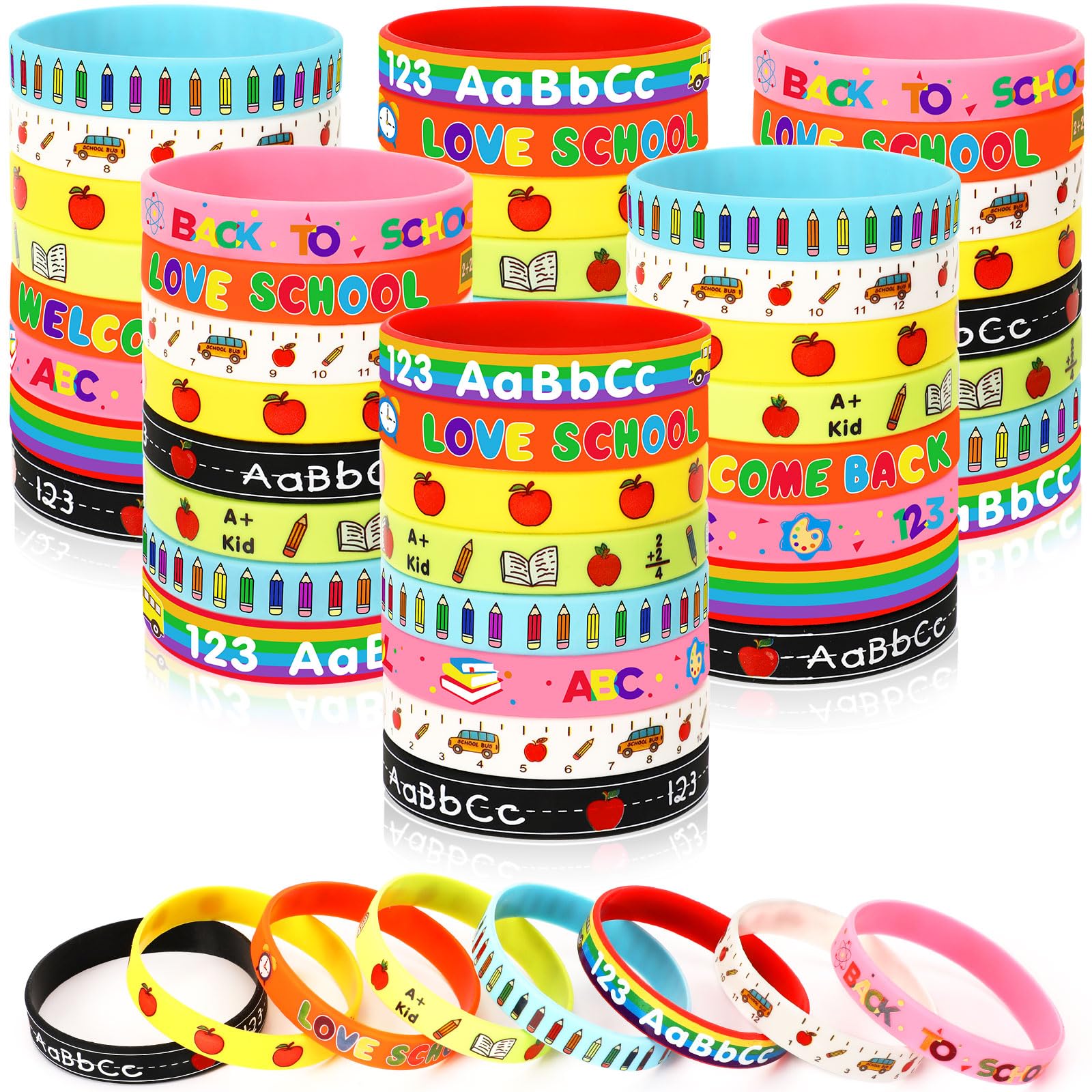JUNEBRUSHS64Pcs Welcome Back to School Party Favors Silicone Bracelets Rubber Wristbands for Kids First Day of School Party Decorations Students Kindergarten Preschool Favors Supplies(8 Designs)