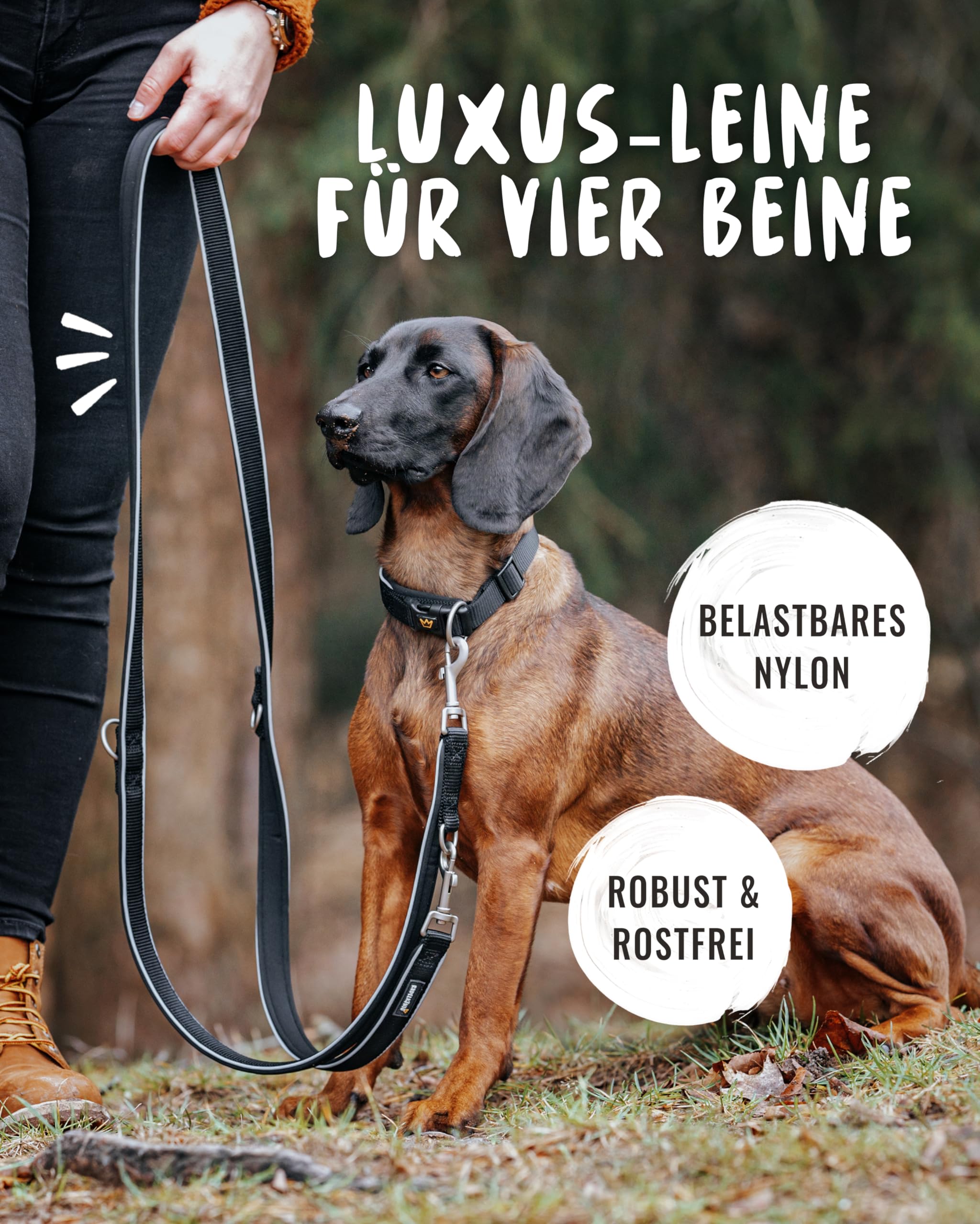 Rudelkönig Führleine Paola - 2,30m Länge - Verstellbare Hundeleine große & mittelgroße Hunde - Reflektierende Hunde Leine in schwarz